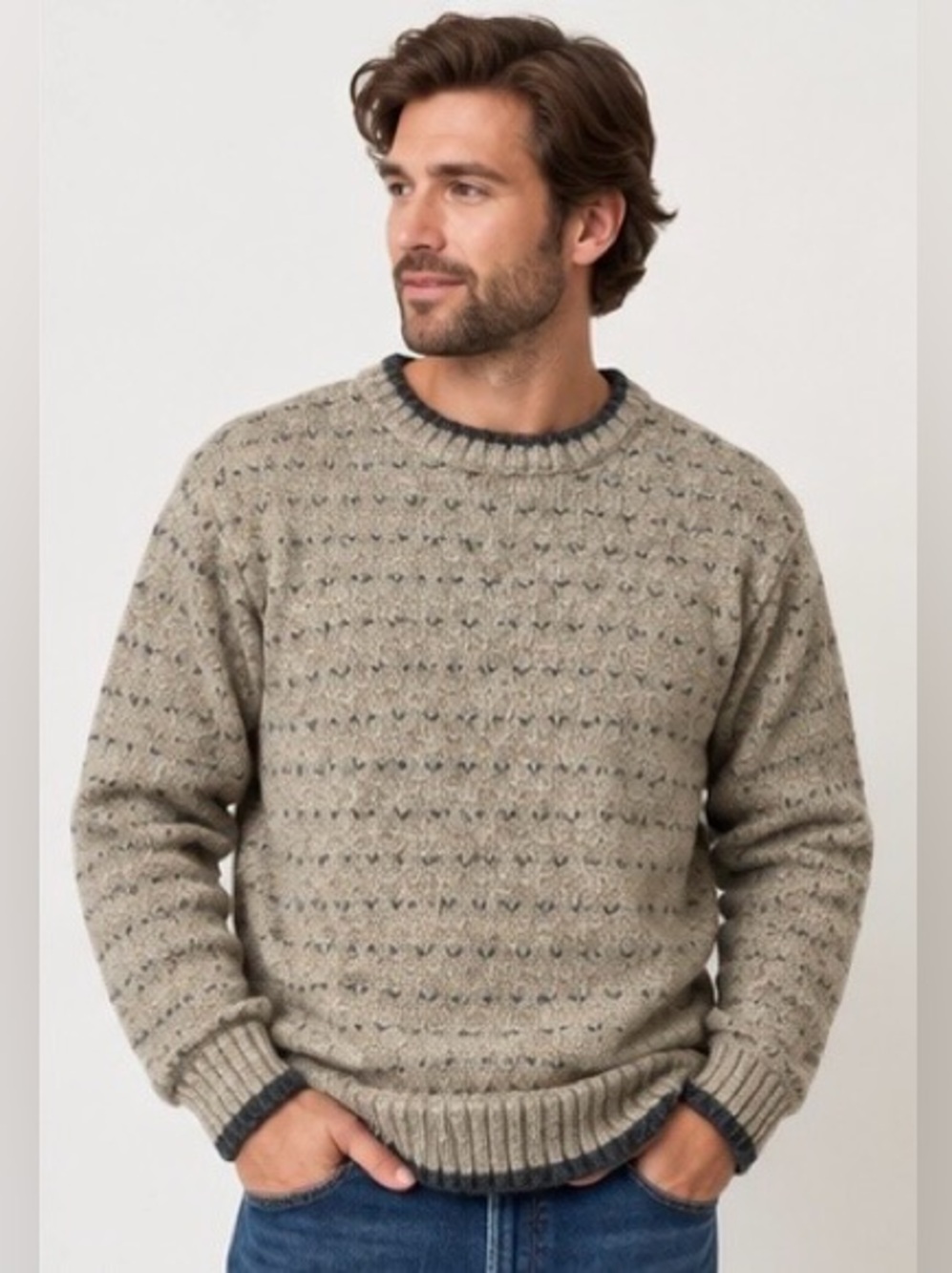 Woolrich Oatmeal Wool Blend Fair Isle Speckled Crewneck Sweater Size XL
